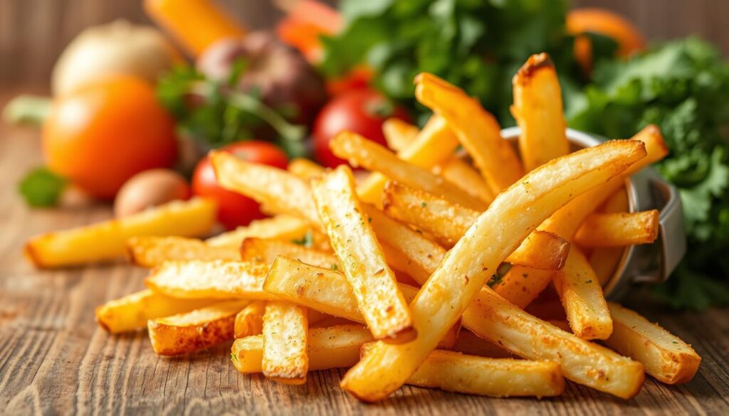 A vibrant and appetizing close-up of freshly prepared air fryer turnip fries, artfully arranged on a rustic wooden surface. The fries are golden-brown and crispy, with a lightly seasoned exterior that hints at their savory, nutrient-rich nature. The image is bathed in warm, natural lighting that accentuates the subtle textures and shapes of the fries, creating an inviting and mouthwatering scene. In the background, a blurred collection of various healthy vegetables and herbs suggest the broader benefits of incorporating turnips into one's diet. The overall composition conveys the idea of a wholesome, guilt-free snack or side dish that can be easily prepared at home. A vibrant and appetizing close-up of freshly prepared air fryer turnip fries, artfully arranged on a rustic wooden surface. The fries are golden-brown and crispy, with a lightly seasoned exterior that hints at their savory, nutrient-rich nature. The image is bathed in warm, natural lighting that accentuates the subtle textures and shapes of the fries, creating an inviting and mouthwatering scene. In the background, a blurred collection of various healthy vegetables and herbs suggest the broader benefits of incorporating turnips into one's diet. The overall composition conveys the idea of a wholesome, guilt-free snack or side dish that can be easily prepared at home.
