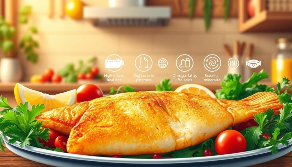 A vibrant and detailed illustration showcasing the health benefits of cod fish. In the foreground, a delicately fried cod fillet surrounded by a variety of colorful, nutrient-rich ingredients such as leafy greens, tomatoes, lemon wedges, and fresh herbs. In the middle ground, a series of informative icons and infographics highlighting the key nutritional properties of cod, including its high protein content, omega-3 fatty acids, and essential vitamins and minerals. The background features a warm, golden-hued kitchen setting, with subtle visual cues that reinforce the dish's wholesome, homemade appeal. Soft, diffused lighting creates a welcoming, appetizing atmosphere, inviting the viewer to appreciate the health-conscious aspects of this classic fried cod dish. A vibrant and detailed illustration showcasing the health benefits of cod fish. In the foreground, a delicately fried cod fillet surrounded by a variety of colorful, nutrient-rich ingredients such as leafy greens, tomatoes, lemon wedges, and fresh herbs. In the middle ground, a series of informative icons and infographics highlighting the key nutritional properties of cod, including its high protein content, omega-3 fatty acids, and essential vitamins and minerals. The background features a warm, golden-hued kitchen setting, with subtle visual cues that reinforce the dish's wholesome, homemade appeal. Soft, diffused lighting creates a welcoming, appetizing atmosphere, inviting the viewer to appreciate the health-conscious aspects of this classic fried cod dish.