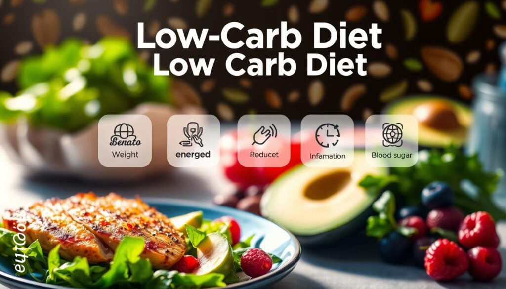 A vibrant and dynamic image showcasing the key benefits of a low-carb diet. In the foreground, a well-balanced plate featuring a variety of low-carb foods such as grilled chicken, leafy greens, avocado, and berries, bathed in warm, natural lighting. In the middle ground, a series of floating icons representing the core benefits: weight loss, improved energy levels, reduced inflammation, and better blood sugar control. The background features a subtle, blurred pattern of keto-friendly ingredients like nuts, seeds, and healthy fats. The overall mood is one of health, vitality, and the empowering potential of a low-carb lifestyle. A vibrant and dynamic image showcasing the key benefits of a low-carb diet. In the foreground, a well-balanced plate featuring a variety of low-carb foods such as grilled chicken, leafy greens, avocado, and berries, bathed in warm, natural lighting. In the middle ground, a series of floating icons representing the core benefits: weight loss, improved energy levels, reduced inflammation, and better blood sugar control. The background features a subtle, blurred pattern of keto-friendly ingredients like nuts, seeds, and healthy fats. The overall mood is one of health, vitality, and the empowering potential of a low-carb lifestyle.