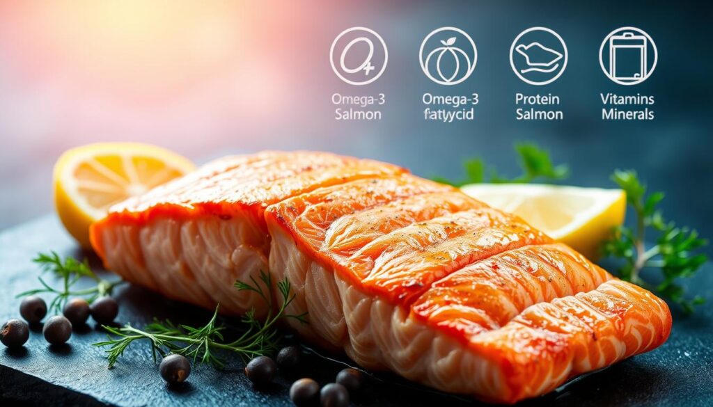 A vibrant and visually appealing image depicting the benefits of salmon. In the foreground, a beautifully roasted salmon fillet, its crisp skin glistening under warm, natural lighting. Surrounding it, a vibrant array of complementary ingredients - fresh dill, lemon slices, and a scattering of whole peppercorns. In the middle ground, a serene, minimalist background showcases the nutritional value of salmon, with iconographic representations of omega-3 fatty acids, protein, and other key vitamins and minerals. The overall composition conveys a sense of health, freshness, and the alluring appeal of a perfectly cooked salmon dish.