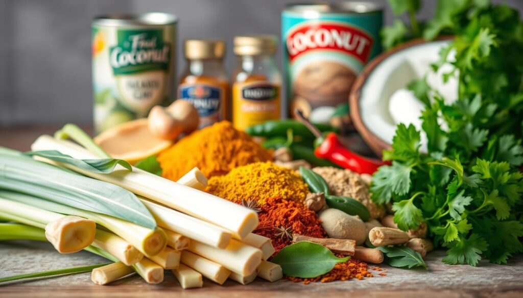 A vibrant arrangement of essential ingredients for a flavor-packed Thai coconut curry. In the foreground, a pile of fragrant lemongrass, fresh kaffir lime leaves, and aromatic galangal root. In the middle, a collection of spices including turmeric, cumin, coriander, and chili peppers. In the background, a rich, creamy coconut milk can and a bundle of fresh cilantro. Soft, natural lighting illuminates the scene, highlighting the vibrant colors and textures of these essential Thai curry components. The overall mood is one of culinary anticipation, inviting the viewer to imagine the delicious flavors that will emerge from this carefully curated selection of ingredients.