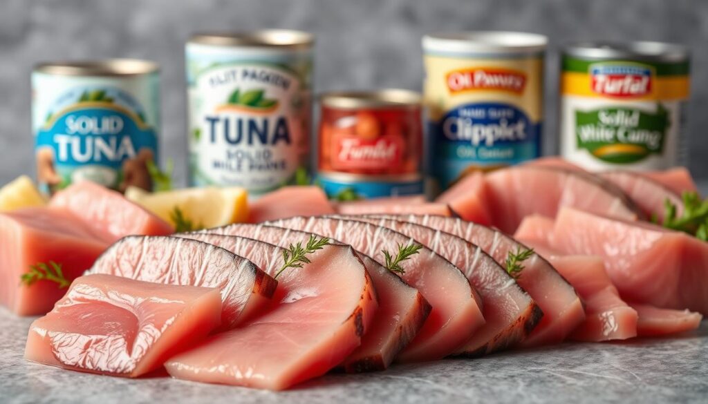 A vibrant arrangement of fresh tuna selections, highlighting their distinct varieties and textures. In the foreground, slices of sashimi-grade tuna lightly seared and glistening, showcased against a backdrop of canned solid white tuna and oil-packed tuna fillets. Subtle highlights and shadows create depth, while a neutral grey backdrop allows the tuna to take center stage. The lighting is soft and diffused, emphasizing the natural hues and qualities of the tuna. A sense of culinary exploration and Mediterranean flair permeates the scene, inviting the viewer to imagine the delectable possibilities of a tuna-based salad. A vibrant arrangement of fresh tuna selections, highlighting their distinct varieties and textures. In the foreground, slices of sashimi-grade tuna lightly seared and glistening, showcased against a backdrop of canned solid white tuna and oil-packed tuna fillets. Subtle highlights and shadows create depth, while a neutral grey backdrop allows the tuna to take center stage. The lighting is soft and diffused, emphasizing the natural hues and qualities of the tuna. A sense of culinary exploration and Mediterranean flair permeates the scene, inviting the viewer to imagine the delectable possibilities of a tuna-based salad.