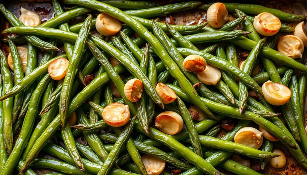 A vibrant arrangement of freshly roasted green beans, glistening with olive oil and infused with the subtle, aromatic flavors of roasted garlic. The beans, evenly distributed across a rustic baking sheet, exhibit a delicate char and gentle caramelization, while the garlic cloves, roasted to a golden-brown hue, add depth and complexity to the dish. Soft, diffused natural lighting illuminates the scene, highlighting the vibrant green hues and creating a warm, inviting atmosphere. The overall composition conveys a sense of simplicity and homemade elegance, perfectly capturing the essence of this delightful side dish. A vibrant arrangement of freshly roasted green beans, glistening with olive oil and infused with the subtle, aromatic flavors of roasted garlic. The beans, evenly distributed across a rustic baking sheet, exhibit a delicate char and gentle caramelization, while the garlic cloves, roasted to a golden-brown hue, add depth and complexity to the dish. Soft, diffused natural lighting illuminates the scene, highlighting the vibrant green hues and creating a warm, inviting atmosphere. The overall composition conveys a sense of simplicity and homemade elegance, perfectly capturing the essence of this delightful side dish.