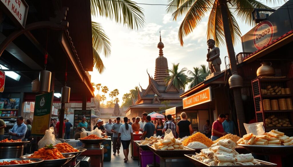 A vibrant, authentic Thai street scene, bathed in warm, golden evening light. In the foreground, an array of colorful, aromatic dishes - steaming curries, fragrant jasmine rice, and delicate spring rolls. Vendors bustle amid the lively, bustling atmosphere, serving up their signature specialties. In the middle ground, intricate wood-carved statues and ornate temple architecture provide a glimpse into Thailand's rich cultural heritage. The background is framed by towering palm trees and a serene, cloudless sky, creating a sense of tranquility amidst the vibrant energy. The overall mood is one of inviting, mouthwatering allure, drawing the viewer into the enchanting world of Thai cuisine. A vibrant, authentic Thai street scene, bathed in warm, golden evening light. In the foreground, an array of colorful, aromatic dishes - steaming curries, fragrant jasmine rice, and delicate spring rolls. Vendors bustle amid the lively, bustling atmosphere, serving up their signature specialties. In the middle ground, intricate wood-carved statues and ornate temple architecture provide a glimpse into Thailand's rich cultural heritage. The background is framed by towering palm trees and a serene, cloudless sky, creating a sense of tranquility amidst the vibrant energy. The overall mood is one of inviting, mouthwatering allure, drawing the viewer into the enchanting world of Thai cuisine.