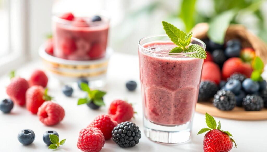 A vibrant berry smoothie, made with a blend of fresh raspberries, blueberries, and blackberries, sits in a clear glass on a white table. The smoothie has a rich, creamy texture and is topped with a sprig of mint, adding a touch of freshness. The background is blurred, with soft, natural lighting highlighting the vibrant colors of the fruit. The composition is balanced, with the smoothie centered in the frame, captured from a slightly elevated angle to showcase the layered textures and colors. A vibrant berry smoothie, made with a blend of fresh raspberries, blueberries, and blackberries, sits in a clear glass on a white table. The smoothie has a rich, creamy texture and is topped with a sprig of mint, adding a touch of freshness. The background is blurred, with soft, natural lighting highlighting the vibrant colors of the fruit. The composition is balanced, with the smoothie centered in the frame, captured from a slightly elevated angle to showcase the layered textures and colors.