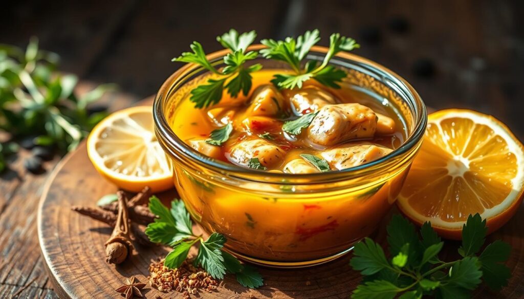 A vibrant, close-up image of a delicious Greek chicken marinade, featuring an array of fresh herbs, citrus, and aromatic spices. The marinade is displayed in a rustic glass bowl, with the ingredients scattered artfully around it. Warm, golden lighting illuminates the scene, casting subtle shadows and highlights that accentuate the textures and colors. The overall composition is balanced and inviting, showcasing the mouthwatering benefits of using a flavorful Greek-style marinade for grilled chicken. A vibrant, close-up image of a delicious Greek chicken marinade, featuring an array of fresh herbs, citrus, and aromatic spices. The marinade is displayed in a rustic glass bowl, with the ingredients scattered artfully around it. Warm, golden lighting illuminates the scene, casting subtle shadows and highlights that accentuate the textures and colors. The overall composition is balanced and inviting, showcasing the mouthwatering benefits of using a flavorful Greek-style marinade for grilled chicken.