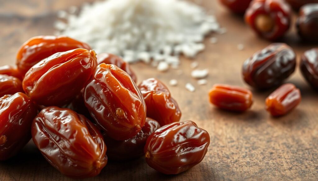 A vibrant, close-up photograph of a cluster of fresh, ripe dates arranged on a rustic wooden surface. The dates are plump, amber-hued, and glistening with natural sweetness. In the background, a sprinkling of granulated cane sugar and a few whole dates accentuate the natural beauty of the fruit. The lighting is soft and diffused, casting gentle shadows and highlighting the textural details of the dates. The overall composition is simple yet elegant, capturing the essence of this healthy, natural sweetener alternative. A vibrant, close-up photograph of a cluster of fresh, ripe dates arranged on a rustic wooden surface. The dates are plump, amber-hued, and glistening with natural sweetness. In the background, a sprinkling of granulated cane sugar and a few whole dates accentuate the natural beauty of the fruit. The lighting is soft and diffused, casting gentle shadows and highlighting the textural details of the dates. The overall composition is simple yet elegant, capturing the essence of this healthy, natural sweetener alternative.