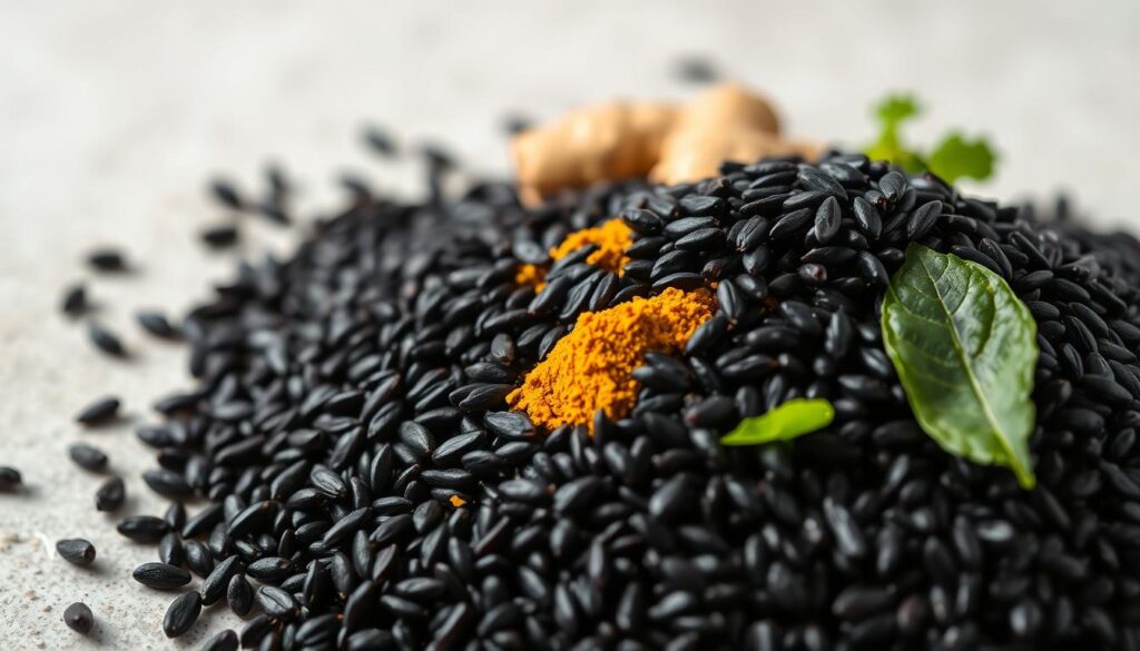 A vibrant close-up photograph of a pile of black rice grains, their glossy ebony hues contrasting against a neutral background. The grains are sharply in focus, illuminated by soft, natural lighting that casts subtle shadows, emphasizing their intricate textures and shapes. In the middle ground, a selection of healthy ingredients like ginger, turmeric, and leafy greens are arranged, hinting at the nutritional benefits of this ancient grain. The overall composition is balanced and visually appealing, inviting the viewer to explore the versatility and healthfulness of black rice.