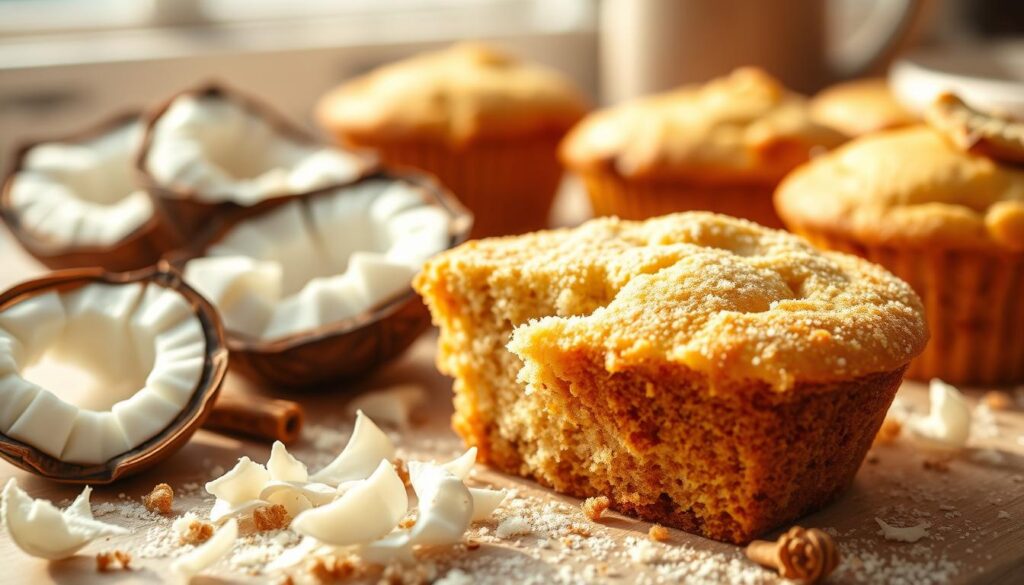 A vibrant, close-up photograph of baked goods, prominently featuring a slice of coconut flour cake or muffin. The foreground showcases the golden, flaky texture and crumb of the coconut flour bake, with hints of warm spices and buttery notes. The middle ground depicts a scattering of raw coconut flakes, coconut oil, and other baking ingredients, conveying the versatility of coconut flour. The background is softly blurred, hinting at a breezy, sun-dappled kitchen setting. The lighting is natural and warm, casting a gentle glow on the baked goods. The overall mood is inviting, highlighting the health benefits and culinary applications of coconut flour in baking. A vibrant, close-up photograph of baked goods, prominently featuring a slice of coconut flour cake or muffin. The foreground showcases the golden, flaky texture and crumb of the coconut flour bake, with hints of warm spices and buttery notes. The middle ground depicts a scattering of raw coconut flakes, coconut oil, and other baking ingredients, conveying the versatility of coconut flour. The background is softly blurred, hinting at a breezy, sun-dappled kitchen setting. The lighting is natural and warm, casting a gentle glow on the baked goods. The overall mood is inviting, highlighting the health benefits and culinary applications of coconut flour in baking.