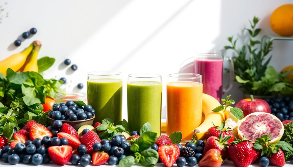 A vibrant collection of tempting smoothie recipes against a crisp, white backdrop. On the foreground, an array of colorful fruits, greens, and superfoods - blueberries, spinach, bananas, chia seeds, and more - artfully arranged. In the middle ground, sleek glass jars filled with luscious, blended smoothies in shades of green, purple, and orange. Natural lighting filters in from the side, casting soft shadows and highlighting the rich, creamy textures. The overall mood is fresh, healthy, and inviting, perfectly capturing the essence of refreshing and nourishing smoothie creations. A vibrant collection of tempting smoothie recipes against a crisp, white backdrop. On the foreground, an array of colorful fruits, greens, and superfoods - blueberries, spinach, bananas, chia seeds, and more - artfully arranged. In the middle ground, sleek glass jars filled with luscious, blended smoothies in shades of green, purple, and orange. Natural lighting filters in from the side, casting soft shadows and highlighting the rich, creamy textures. The overall mood is fresh, healthy, and inviting, perfectly capturing the essence of refreshing and nourishing smoothie creations.