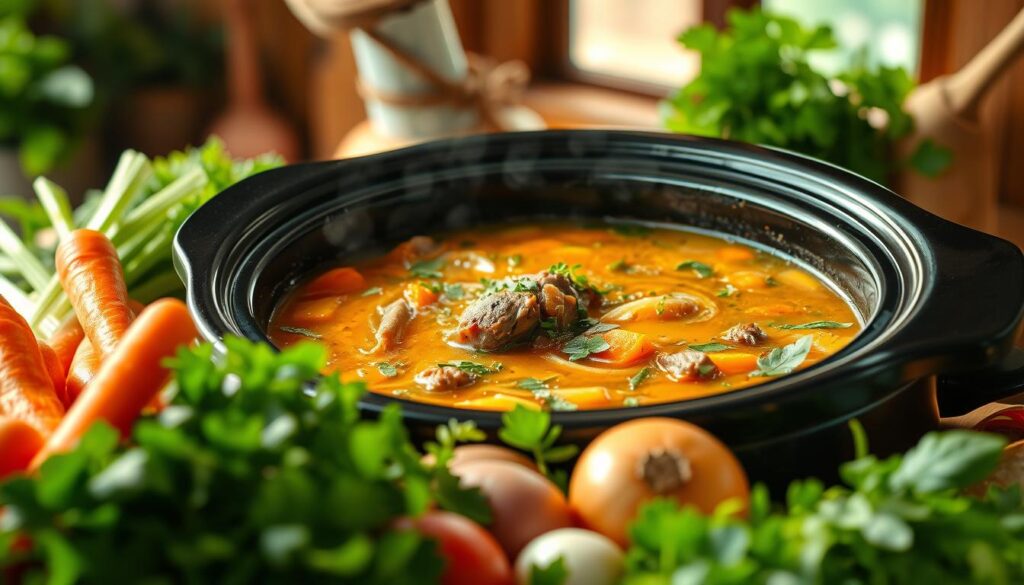A vibrant crockpot vegetable beef soup, steaming with aromatic herbs and tender chunks of meat, set against a backdrop of lush greenery and healthy vegetables. The foreground features an assortment of nutrient-rich veggies like carrots, celery, onions, and leafy greens, captured in a warm, natural lighting. In the middle ground, the simmering soup emanates a comforting, golden hue, while the background showcases a serene, rustic kitchen setting with wooden accents and a subtly blurred window, allowing the focus to remain on the nourishing soup. The overall scene conveys the health benefits of this hearty, homemade dish, enticing the viewer to dive into its wholesome goodness.