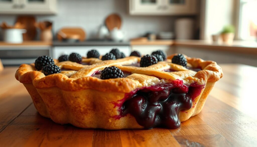 A vibrant, freshly baked blackberry pie rests on a wooden table, its golden crust glistening under warm, soft lighting. The pie's filling, a deep purple hue, oozes with juicy, plump blackberries. Delicate steam rises from the pie, creating a cozy, inviting atmosphere. In the background, a rustic, farmhouse-style kitchen with white cabinets and natural wood accents provides a charming setting. The image is captured with a shallow depth of field, putting the pie in sharp focus and creating a dreamy, mouthwatering composition. A vibrant, freshly baked blackberry pie rests on a wooden table, its golden crust glistening under warm, soft lighting. The pie's filling, a deep purple hue, oozes with juicy, plump blackberries. Delicate steam rises from the pie, creating a cozy, inviting atmosphere. In the background, a rustic, farmhouse-style kitchen with white cabinets and natural wood accents provides a charming setting. The image is captured with a shallow depth of field, putting the pie in sharp focus and creating a dreamy, mouthwatering composition.