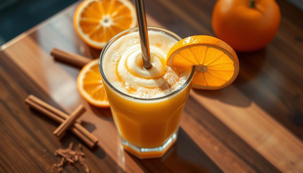 A vibrant, frothy orange Julius smoothie, with a tantalizing swirl of creamy goodness, sits atop a polished wooden surface, illuminated by soft natural light. The velvety texture is punctuated by delicate ice crystals, giving it a refreshing, frosty appearance. Slices of fresh orange and a sprinkling of ground cinnamon add depth and visual interest, while a metal straw protrudes from the center, inviting the viewer to take a sip of this irresistible, classic treat. A vibrant, frothy orange Julius smoothie, with a tantalizing swirl of creamy goodness, sits atop a polished wooden surface, illuminated by soft natural light. The velvety texture is punctuated by delicate ice crystals, giving it a refreshing, frosty appearance. Slices of fresh orange and a sprinkling of ground cinnamon add depth and visual interest, while a metal straw protrudes from the center, inviting the viewer to take a sip of this irresistible, classic treat.