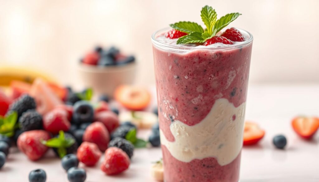 A vibrant, frozen fruit smoothie set against a soft, pastel background. In the foreground, a glass filled with a thick, creamy blend of berries, bananas, and yogurt, topped with a sprig of fresh mint. The light catches the icy, frosty texture, creating a tantalizing, chilled appearance. In the middle ground, an array of fresh, ripe berries and sliced fruit scatter across the table, hinting at the wholesome ingredients. The background is bathed in a warm, natural light, giving the scene a welcoming, appetizing atmosphere. Captured with a shallow depth of field, the focus draws the viewer's eye directly to the enticing smoothie. A vibrant, frozen fruit smoothie set against a soft, pastel background. In the foreground, a glass filled with a thick, creamy blend of berries, bananas, and yogurt, topped with a sprig of fresh mint. The light catches the icy, frosty texture, creating a tantalizing, chilled appearance. In the middle ground, an array of fresh, ripe berries and sliced fruit scatter across the table, hinting at the wholesome ingredients. The background is bathed in a warm, natural light, giving the scene a welcoming, appetizing atmosphere. Captured with a shallow depth of field, the focus draws the viewer's eye directly to the enticing smoothie.