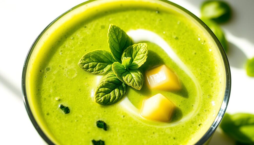 A vibrant green spinach smoothie, freshly blended, with a creamy, thick texture. Sunlight streams through the glass, casting a warm glow on the vibrant hue. Flecks of bright green spinach leaves float suspended in the lush, emerald liquid. Ripe, juicy pineapple chunks and a swirl of Greek yogurt add depth and richness. The smoothie is garnished with a sprig of fresh mint, lending a refreshing, herbal aroma. The composition is framed by a clean, minimalist background, allowing the smoothie to take center stage and entice the viewer. A vibrant green spinach smoothie, freshly blended, with a creamy, thick texture. Sunlight streams through the glass, casting a warm glow on the vibrant hue. Flecks of bright green spinach leaves float suspended in the lush, emerald liquid. Ripe, juicy pineapple chunks and a swirl of Greek yogurt add depth and richness. The smoothie is garnished with a sprig of fresh mint, lending a refreshing, herbal aroma. The composition is framed by a clean, minimalist background, allowing the smoothie to take center stage and entice the viewer.