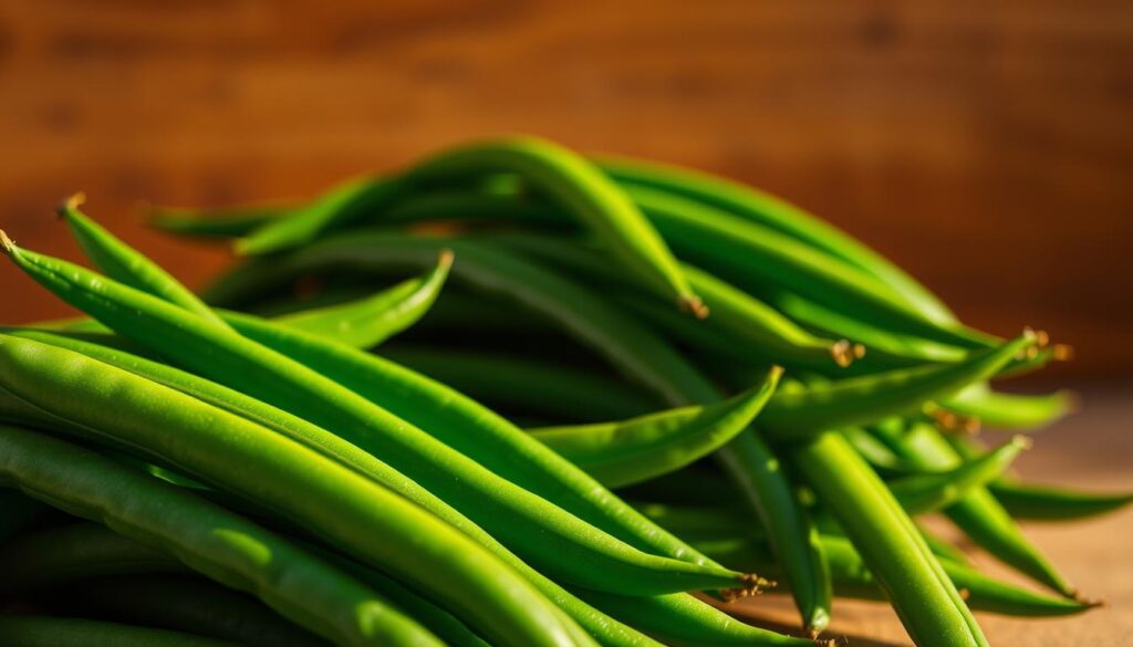 A vibrant, high-contrast photograph showcasing a selection of nutrient-dense green beans. In the foreground, the beans are artfully arranged, their crisp, emerald-hued surfaces reflecting the warm, natural lighting. In the middle ground, a rich, earthy background adds depth and emphasizes the beans' vivid color and texture. The composition is clean and minimalist, drawing the viewer's attention to the striking visual qualities of this nutritional powerhouse. The lighting is soft yet directional, casting subtle shadows that accentuate the beans' contours. The overall mood is one of freshness, vitality, and the abundance of nature's nourishing gifts.