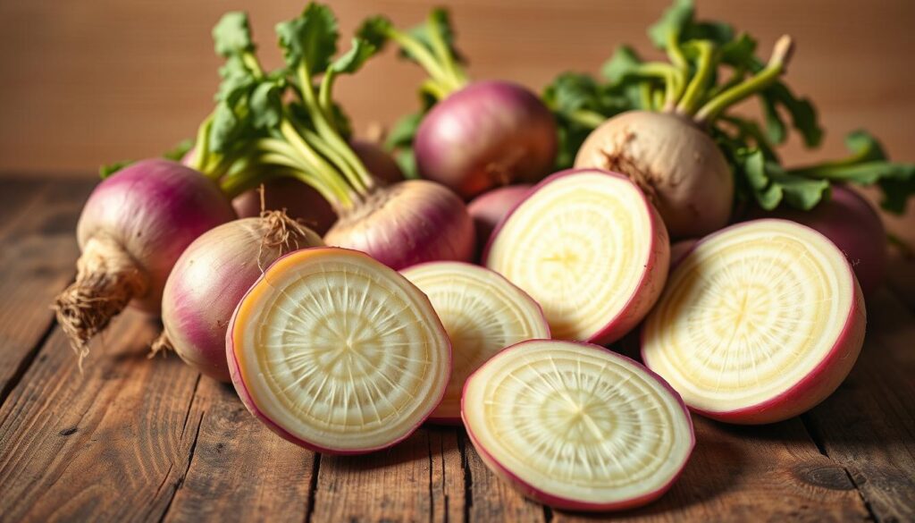 A vibrant, high-resolution image of nutritious turnips on a rustic wooden surface, illuminated by warm, natural lighting. Foreground features freshly harvested turnips, their smooth, purple-white skin glistening, with delicate green leaves still attached. The middle ground showcases cross-sections of the turnips, revealing their crisp, pale yellow flesh and intricate patterns. In the background, a clean, simple backdrop lets the turnips' colors and textures take center stage. The scene conveys the wholesome, earthy appeal of this underappreciated root vegetable, highlighting its potential to be a healthy, flavorful alternative to potatoes.