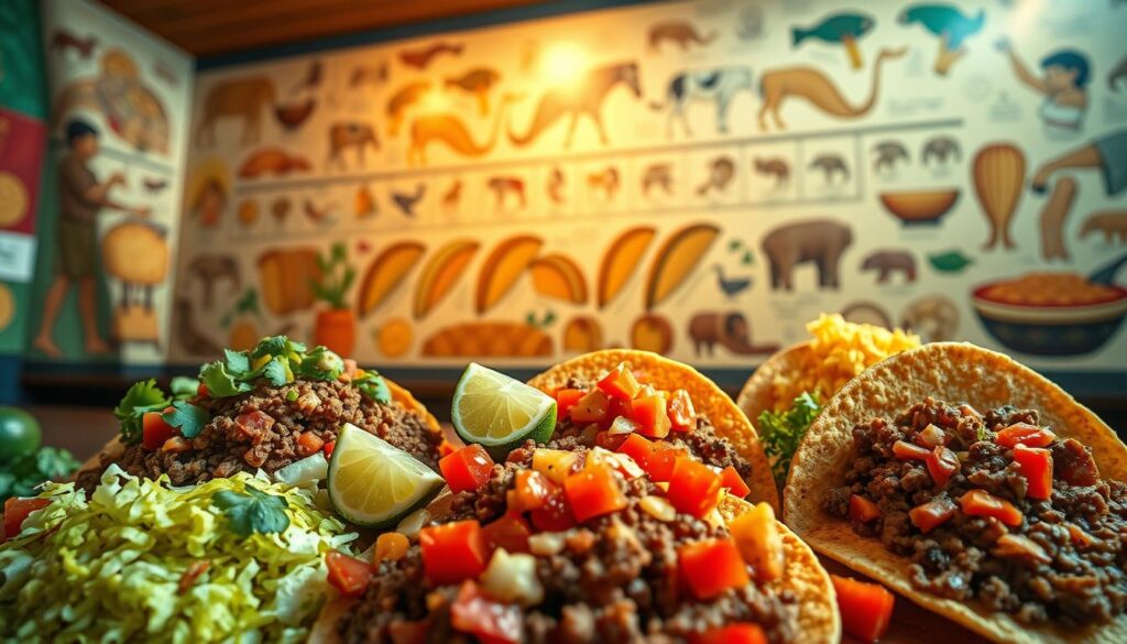 A vibrant historical tapestry depicting the evolution of Mexican tacos. In the foreground, a colorful display of traditional taco fillings like ground beef, diced tomatoes, shredded lettuce, and tangy lime wedges. The middle ground showcases taco shells of various shapes and materials - from hand-pressed corn tortillas to crisp fried taco bowls. In the background, a mural-like timeline illustrates the taco's journey, from its ancient Mesoamerican origins to its modern global popularity. Warm, golden lighting casts a nostalgic glow, evoking the comfort and cultural significance of this iconic Mexican dish. Captured with a wide-angle lens to encompass the full scope of taco history. A vibrant historical tapestry depicting the evolution of Mexican tacos. In the foreground, a colorful display of traditional taco fillings like ground beef, diced tomatoes, shredded lettuce, and tangy lime wedges. The middle ground showcases taco shells of various shapes and materials - from hand-pressed corn tortillas to crisp fried taco bowls. In the background, a mural-like timeline illustrates the taco's journey, from its ancient Mesoamerican origins to its modern global popularity. Warm, golden lighting casts a nostalgic glow, evoking the comfort and cultural significance of this iconic Mexican dish. Captured with a wide-angle lens to encompass the full scope of taco history.