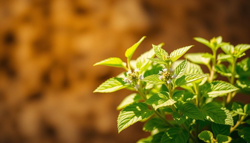 A vibrant lemon balm plant, its leaves glistening in warm, natural lighting. The plant's green foliage and delicate white flowers are the focal point, set against a blurred background of earthy tones. The composition conveys a sense of freshness and vitality, hinting at the plant's potential health benefits. The image is captured with a shallow depth of field, emphasizing the plant's intricate details and evoking a calming, herbal atmosphere. A vibrant lemon balm plant, its leaves glistening in warm, natural lighting. The plant's green foliage and delicate white flowers are the focal point, set against a blurred background of earthy tones. The composition conveys a sense of freshness and vitality, hinting at the plant's potential health benefits. The image is captured with a shallow depth of field, emphasizing the plant's intricate details and evoking a calming, herbal atmosphere.