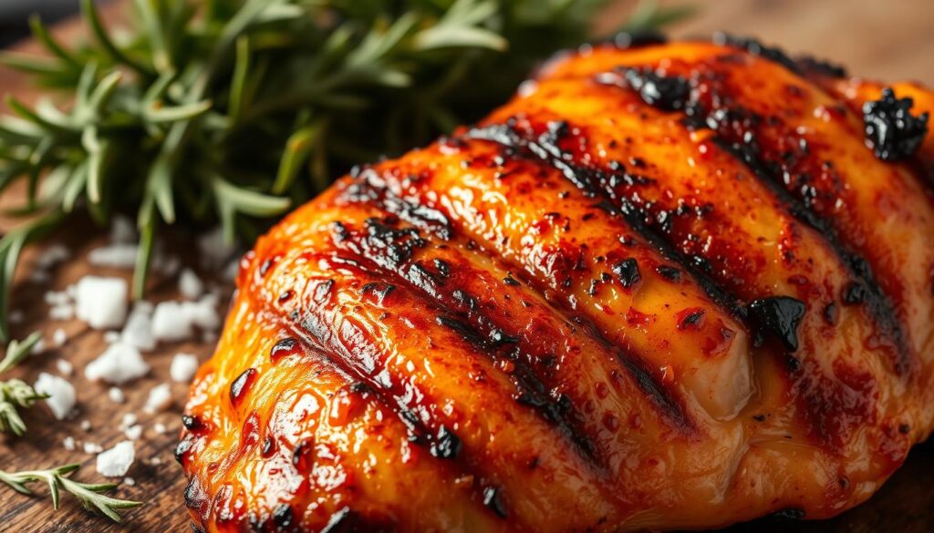 A vibrant, mouth-watering close-up of a perfectly grilled smoked chicken breast, its golden-brown skin glistening under natural lighting. The succulent meat is juicy and tender, with a subtle smoky aroma emanating from the charred edges. In the middle ground, a selection of fresh herbs and spices, including rosemary, thyme, and a sprinkle of coarse sea salt, create a rustic, earthy backdrop. The image is framed with a soft, blurred focus, drawing the viewer's attention to the delectable centerpiece. The overall mood is one of culinary delight and the advantages of this flavorful, healthy protein option.