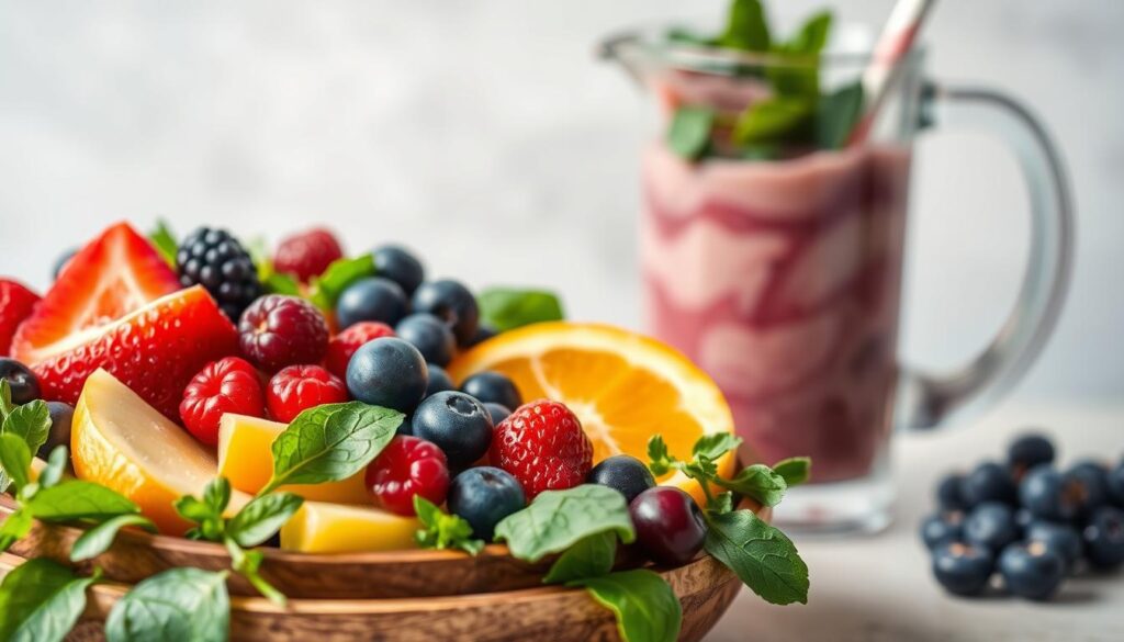 A vibrant, nutrient-rich smoothie bowl set against a light, airy background. In the foreground, an array of fresh fruits, leafy greens, and vibrant berries spill from a wooden bowl, their colors and textures inviting. In the middle ground, a glass pitcher filled with a swirling blend of ingredients, the contents partially visible through the transparent vessel. In the background, a soft, diffused light illuminates the scene, creating a calming, natural atmosphere. The image conveys the benefits of homemade smoothies - their exceptional freshness, customizable ingredients, and the ease of preparation, all while highlighting the visual appeal of a homemade healthy treat. A vibrant, nutrient-rich smoothie bowl set against a light, airy background. In the foreground, an array of fresh fruits, leafy greens, and vibrant berries spill from a wooden bowl, their colors and textures inviting. In the middle ground, a glass pitcher filled with a swirling blend of ingredients, the contents partially visible through the transparent vessel. In the background, a soft, diffused light illuminates the scene, creating a calming, natural atmosphere. The image conveys the benefits of homemade smoothies - their exceptional freshness, customizable ingredients, and the ease of preparation, all while highlighting the visual appeal of a homemade healthy treat.