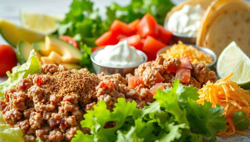 A vibrant still life arrangement of essential ingredients for delectable beef tacos. In the foreground, juicy ground beef, a mound of flavorful taco seasoning, and a pile of crisp lettuce leaves. In the middle ground, a selection of vibrant toppings - diced tomatoes, creamy avocado slices, tangy sour cream, and a sprinkle of shredded cheddar cheese. In the background, a warm tortilla shell and a few lime wedges, evoking the fresh, zesty flavors of Mexican cuisine. Soft, diffused natural lighting illuminates the scene, creating a mouthwatering, appetizing atmosphere. A vibrant still life arrangement of essential ingredients for delectable beef tacos. In the foreground, juicy ground beef, a mound of flavorful taco seasoning, and a pile of crisp lettuce leaves. In the middle ground, a selection of vibrant toppings - diced tomatoes, creamy avocado slices, tangy sour cream, and a sprinkle of shredded cheddar cheese. In the background, a warm tortilla shell and a few lime wedges, evoking the fresh, zesty flavors of Mexican cuisine. Soft, diffused natural lighting illuminates the scene, creating a mouthwatering, appetizing atmosphere.