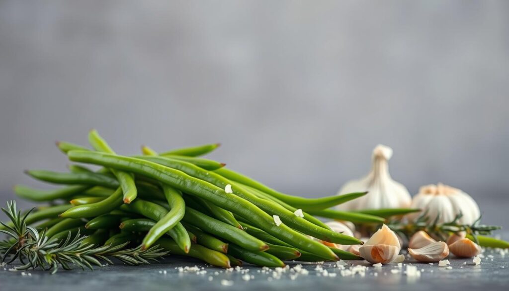 A vibrant still life capturing a bountiful array of fresh green beans, artfully arranged alongside an assortment of seasoning ingredients. In the foreground, the crisp, slender green beans are illuminated by soft, natural lighting, their verdant hues popping against a muted background. Surrounding the beans, a selection of flavorful accents come into focus - fragrant sprigs of rosemary, garlic cloves, and a sprinkling of Parmesan cheese flakes. The composition is balanced and visually appealing, showcasing the key elements that come together to create a delectable roasted Parmesan green bean dish. The overall mood is one of culinary inspiration and mouthwatering anticipation. A vibrant still life capturing a bountiful array of fresh green beans, artfully arranged alongside an assortment of seasoning ingredients. In the foreground, the crisp, slender green beans are illuminated by soft, natural lighting, their verdant hues popping against a muted background. Surrounding the beans, a selection of flavorful accents come into focus - fragrant sprigs of rosemary, garlic cloves, and a sprinkling of Parmesan cheese flakes. The composition is balanced and visually appealing, showcasing the key elements that come together to create a delectable roasted Parmesan green bean dish. The overall mood is one of culinary inspiration and mouthwatering anticipation.