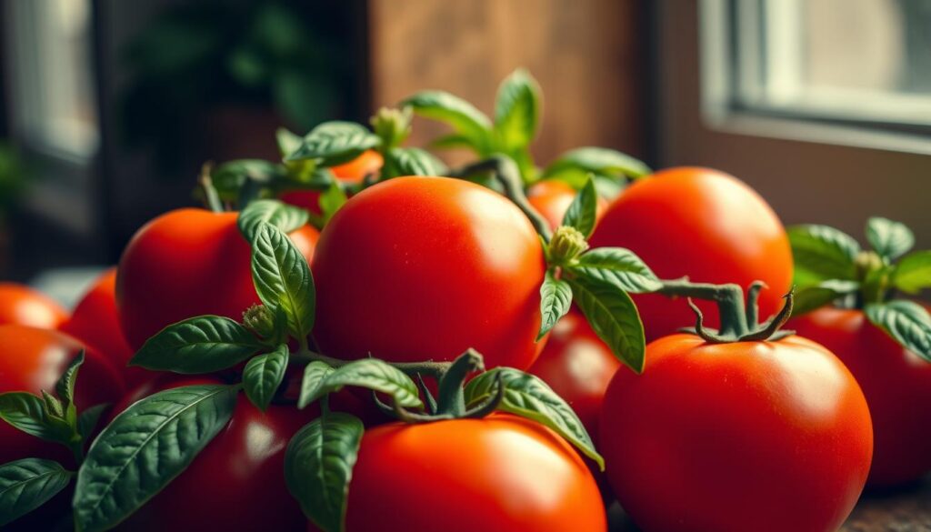 A vibrant still life capturing the essential harmony between ripe, juicy tomatoes and fragrant, lush basil leaves. Arrange the produce in a visually appealing composition, with the tomatoes in the foreground taking center stage, their glossy skin catching the warm, softly diffused lighting from an overhead window. The basil leaves should be strategically placed around the tomatoes, their verdant hues and delicate textures complementing the tomatoes' bold colors. Shoot the scene from a slightly elevated angle, creating a sense of depth and drawing the viewer's eye towards the beautifully matched ingredients. Convey the fresh, wholesome atmosphere of a timeless kitchen garden, inspiring the viewer to appreciate the natural synergy between these two iconic culinary companions.