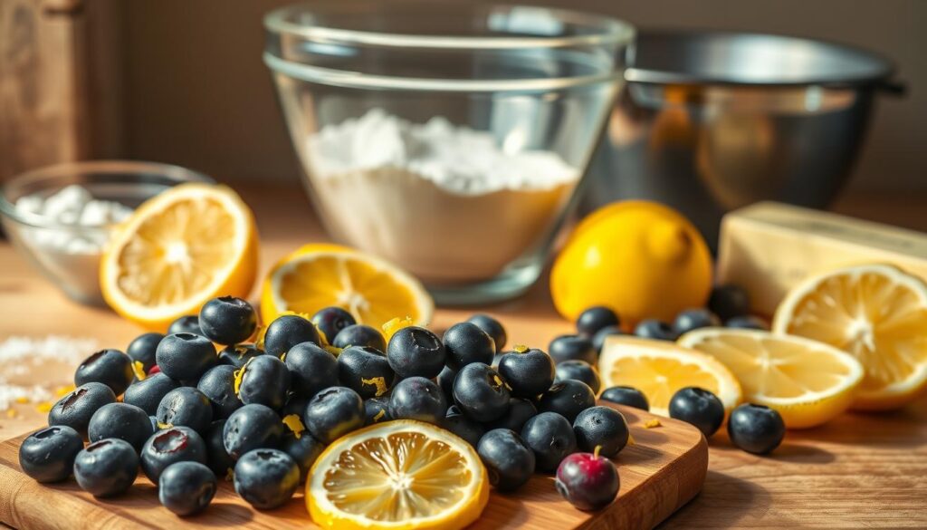 A vibrant still life capturing the essential ingredients for an old-fashioned lemon blueberry pound cake. In the foreground, a cutting board showcases freshly picked blueberries, their deep purple hues contrasting with the golden lemon slices and zest. In the middle ground, a glass mixing bowl overflows with granulated sugar, flour, and baking powder, while a stick of creamy butter stands nearby. In the background, a vintage metal mixing bowl and a retro-style baking tin hint at the homemade, timeless quality of the final dessert. The scene is bathed in warm, natural lighting, capturing the rustic charm and mouthwatering allure of this irresistible lemon blueberry pound cake. A vibrant still life capturing the essential ingredients for an old-fashioned lemon blueberry pound cake. In the foreground, a cutting board showcases freshly picked blueberries, their deep purple hues contrasting with the golden lemon slices and zest. In the middle ground, a glass mixing bowl overflows with granulated sugar, flour, and baking powder, while a stick of creamy butter stands nearby. In the background, a vintage metal mixing bowl and a retro-style baking tin hint at the homemade, timeless quality of the final dessert. The scene is bathed in warm, natural lighting, capturing the rustic charm and mouthwatering allure of this irresistible lemon blueberry pound cake.