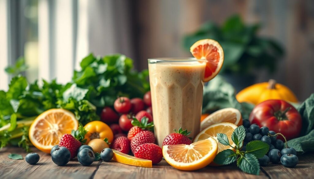 A vibrant still life depicting the benefits of healthy smoothies. In the foreground, an array of fresh fruits and vegetables - crisp greens, juicy berries, vibrant citrus - arranged artfully on a wooden table. In the middle ground, a glass filled with a creamy, nutrient-dense smoothie, its vivid colors a testament to the nourishing ingredients. Soft, warm lighting casts a natural glow, highlighting the lush textures and vibrant hues. The overall scene exudes a sense of vitality and wellness, inviting the viewer to savor the goodness of a homemade, wholesome smoothie. A vibrant still life depicting the benefits of healthy smoothies. In the foreground, an array of fresh fruits and vegetables - crisp greens, juicy berries, vibrant citrus - arranged artfully on a wooden table. In the middle ground, a glass filled with a creamy, nutrient-dense smoothie, its vivid colors a testament to the nourishing ingredients. Soft, warm lighting casts a natural glow, highlighting the lush textures and vibrant hues. The overall scene exudes a sense of vitality and wellness, inviting the viewer to savor the goodness of a homemade, wholesome smoothie.