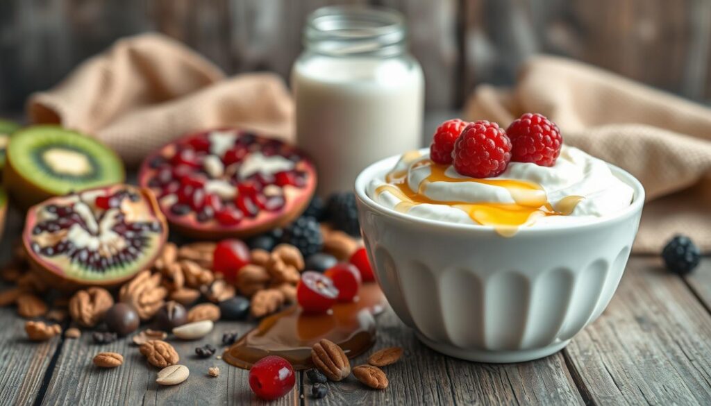 A vibrant still life scene showcasing the benefits of yogurt. In the foreground, a white ceramic bowl overflows with a creamy, textured yogurt, accented by a drizzle of golden honey and a scattering of fresh berries. Surrounding the bowl, an assortment of ingredients associated with yogurt's nutritional advantages - nuts, seeds, and sliced fruits like kiwi and pomegranate arils. The middle ground features a glass jar of live, active yogurt cultures, while the background depicts a rustic wooden surface with natural fiber napkins, evoking a sense of health and wellness. The lighting is soft and diffused, creating a warm, inviting atmosphere that highlights the vibrant colors and textures of the yogurt-based scene.