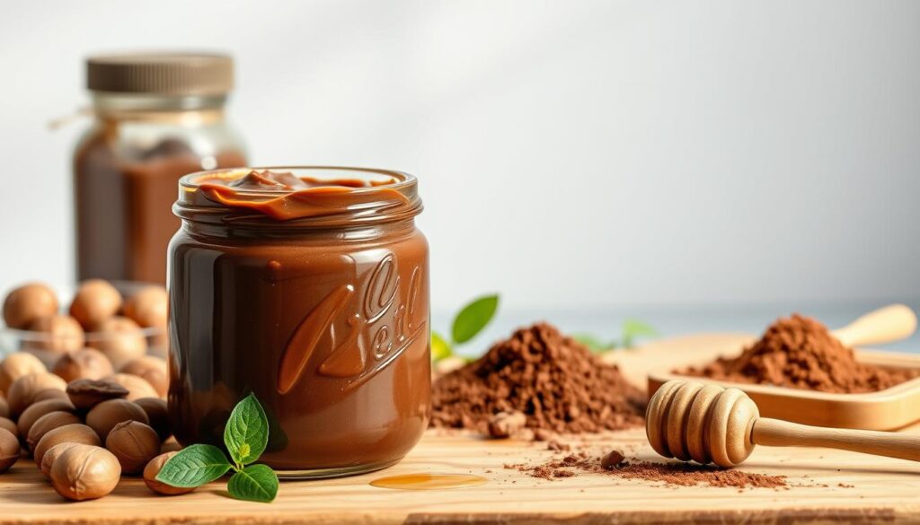 A vibrant still life showcasing the health benefits of homemade Nutella. In the foreground, an open jar of rich, creamy homemade Nutella, its velvety texture and deep chocolate hue enticing the viewer. Surrounding the jar, an assortment of fresh, whole ingredients - hazelnuts, cocoa powder, and a drizzle of honey, representing the natural, unprocessed components that make this version healthier than store-bought. In the middle ground, a wooden cutting board or table, its rustic texture adding warmth and a sense of handcrafted authenticity. In the background, a clean, minimalist backdrop, allowing the vibrant colors and textures of the scene to take center stage. Soft, natural lighting casts gentle shadows, highlighting the rich, indulgent nature of this homemade treat while emphasizing its nutritional benefits. A vibrant still life showcasing the health benefits of homemade Nutella. In the foreground, an open jar of rich, creamy homemade Nutella, its velvety texture and deep chocolate hue enticing the viewer. Surrounding the jar, an assortment of fresh, whole ingredients - hazelnuts, cocoa powder, and a drizzle of honey, representing the natural, unprocessed components that make this version healthier than store-bought. In the middle ground, a wooden cutting board or table, its rustic texture adding warmth and a sense of handcrafted authenticity. In the background, a clean, minimalist backdrop, allowing the vibrant colors and textures of the scene to take center stage. Soft, natural lighting casts gentle shadows, highlighting the rich, indulgent nature of this homemade treat while emphasizing its nutritional benefits.