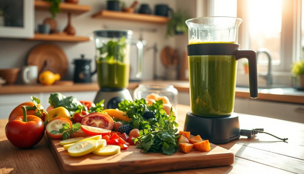 A vibrant, sun-drenched kitchen scene showcasing the natural ingredients of the Mounjaro weight loss recipe. In the foreground, a wooden cutting board displays sliced fruits, vegetables, and herbs, exuding a sense of freshness and vitality. The middle ground features a blender filled with a lush, green smoothie, its contents radiating health and goodness. In the background, a large window bathes the space in warm, golden light, creating a soothing, inviting atmosphere. The overall composition emphasizes the simplicity and wholesome nature of the natural Mounjaro recipe, inspiring a sense of wellness and harmony.