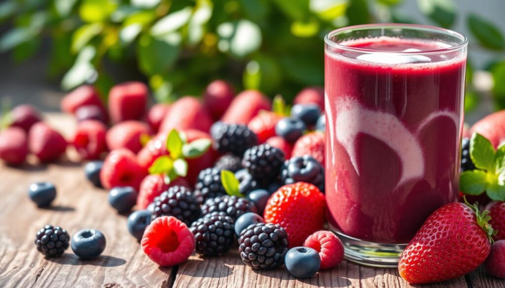 A vibrant, sun-drenched scene showcasing the benefits of a healthy berry smoothie. In the foreground, a glass of deep red, purplish-blue smoothie, brimming with juicy berries and a swirl of creamy yogurt. Surrounding the glass, an array of fresh, ripe berries - plump raspberries, blueberries, blackberries, and strawberries - arranged artfully. The middleground features a wooden surface, weathered and textured, providing a rustic, earthy backdrop. Soft, diffused lighting bathes the scene, highlighting the vivid colors and natural textures. In the background, a lush, verdant plant or herb, its vibrant green leaves adding a refreshing, verdant touch. The overall mood is one of health, vitality, and the goodness of nature's bounty. A vibrant, sun-drenched scene showcasing the benefits of a healthy berry smoothie. In the foreground, a glass of deep red, purplish-blue smoothie, brimming with juicy berries and a swirl of creamy yogurt. Surrounding the glass, an array of fresh, ripe berries - plump raspberries, blueberries, blackberries, and strawberries - arranged artfully. The middleground features a wooden surface, weathered and textured, providing a rustic, earthy backdrop. Soft, diffused lighting bathes the scene, highlighting the vivid colors and natural textures. In the background, a lush, verdant plant or herb, its vibrant green leaves adding a refreshing, verdant touch. The overall mood is one of health, vitality, and the goodness of nature's bounty.