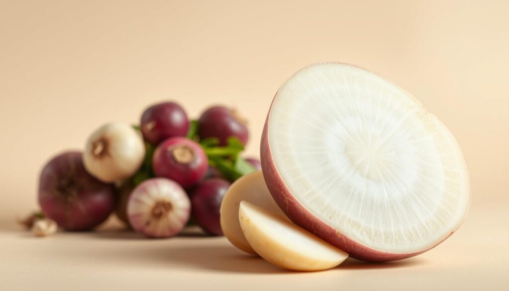 A vibrant, visually striking illustration showcasing the health benefits of fresh, crisp turnips. In the foreground, a close-up of a halved turnip revealing its bright white flesh and intricate texture, illuminated by soft, natural lighting. In the middle ground, a cluster of whole turnips in varying shades of purple and white, arranged artfully against a plain, neutral backdrop. In the background, subtle graphic elements or icons symbolizing the nutritional value of turnips, such as vitamins, minerals, and antioxidants. The overall composition should convey a sense of simplicity, wholesomeness, and the inherent goodness of this underappreciated root vegetable.