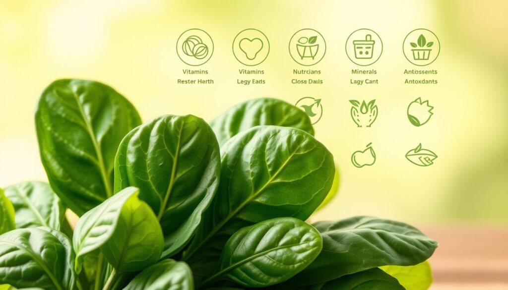 A vibrant, visually striking image of the benefits of spinach. In the foreground, a cluster of fresh, emerald-green spinach leaves, their delicate veins and textures captured in high detail. In the middle ground, a soft, diffused light illuminates a variety of nutrient-rich icons such as vitamins, minerals, and antioxidants, conveying the healthful properties of this superfood. The background features a warm, slightly blurred gradient in shades of green, complementing the overall natural and organic feel. The lighting is soft and natural, creating a serene, appetizing atmosphere that invites the viewer to appreciate the nourishing power of spinach. A vibrant, visually striking image of the benefits of spinach. In the foreground, a cluster of fresh, emerald-green spinach leaves, their delicate veins and textures captured in high detail. In the middle ground, a soft, diffused light illuminates a variety of nutrient-rich icons such as vitamins, minerals, and antioxidants, conveying the healthful properties of this superfood. The background features a warm, slightly blurred gradient in shades of green, complementing the overall natural and organic feel. The lighting is soft and natural, creating a serene, appetizing atmosphere that invites the viewer to appreciate the nourishing power of spinach.