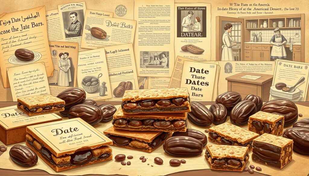 A vintage-inspired illustration depicting the history of date bars, showcasing their evolution from traditional Middle Eastern confections to beloved American desserts. In the foreground, an array of date bars in various shapes and styles, from classic rectangular bars to modern bite-sized squares, presented against a backdrop of antique recipe cards and aged parchment paper. The middle ground features a collage of historical images, from early 20th-century advertisements for date-based treats to vintage kitchen scenes with homemakers preparing the beloved dessert. In the background, a warm, sepia-toned mural illustrates the journey of the date from its origins in the Middle East to its widespread adoption and incorporation into the American culinary landscape. Soft, diffused lighting and a nostalgic, timeless atmosphere evoke a sense of tradition and heritage. A vintage-inspired illustration depicting the history of date bars, showcasing their evolution from traditional Middle Eastern confections to beloved American desserts. In the foreground, an array of date bars in various shapes and styles, from classic rectangular bars to modern bite-sized squares, presented against a backdrop of antique recipe cards and aged parchment paper. The middle ground features a collage of historical images, from early 20th-century advertisements for date-based treats to vintage kitchen scenes with homemakers preparing the beloved dessert. In the background, a warm, sepia-toned mural illustrates the journey of the date from its origins in the Middle East to its widespread adoption and incorporation into the American culinary landscape. Soft, diffused lighting and a nostalgic, timeless atmosphere evoke a sense of tradition and heritage.