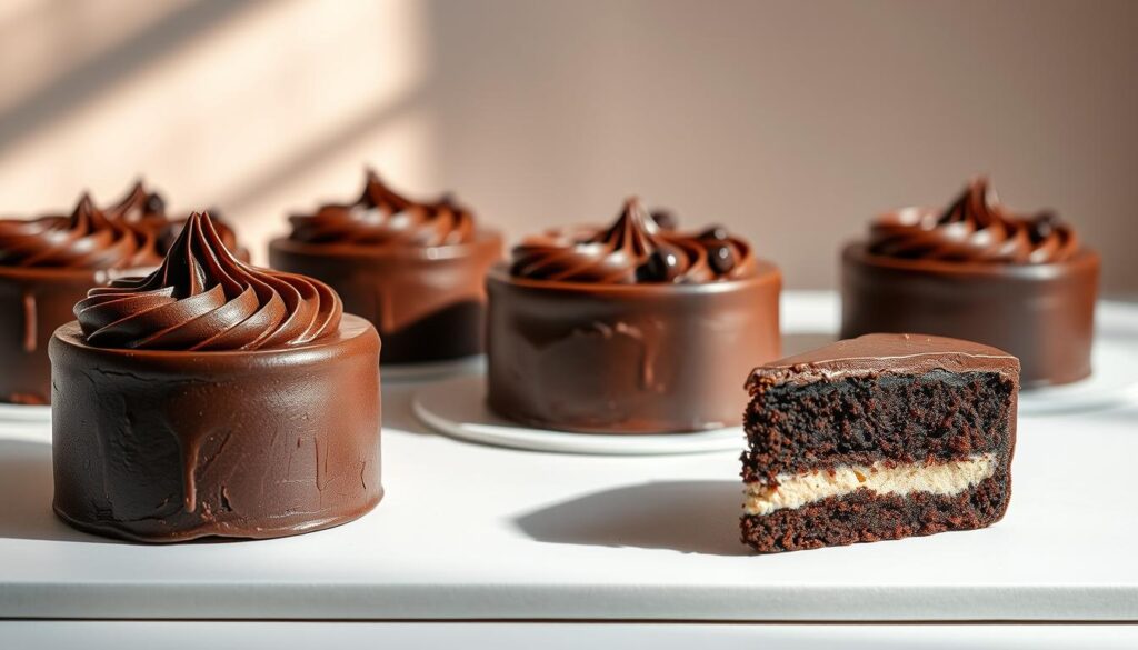 A visually appealing arrangement of decadent keto-friendly cakes in the foreground, meticulously crafted with dark chocolate, rich cream, and sugar-free sweeteners. A clean, minimalist background with soft, directional lighting casts warm shadows, accentuating the intricate textures and glossy finishes of the cakes. The cakes are displayed on a pristine white surface, allowing their enticing forms and colors to take center stage. The overall mood is one of indulgence and sophistication, perfectly capturing the essence of the "Keto Cake - The BEST Chocolate Recipe!" article and its "Introduction to Keto Cakes" section. A visually appealing arrangement of decadent keto-friendly cakes in the foreground, meticulously crafted with dark chocolate, rich cream, and sugar-free sweeteners. A clean, minimalist background with soft, directional lighting casts warm shadows, accentuating the intricate textures and glossy finishes of the cakes. The cakes are displayed on a pristine white surface, allowing their enticing forms and colors to take center stage. The overall mood is one of indulgence and sophistication, perfectly capturing the essence of the "Keto Cake - The BEST Chocolate Recipe!" article and its "Introduction to Keto Cakes" section.