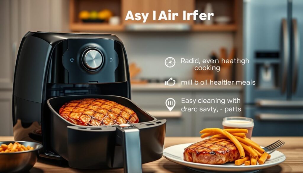 A visually appealing image showcasing the advantages of an air fryer for cooking beef tenderloin. The foreground features an open air fryer revealing a juicy, golden-brown tenderloin steak, its surface crisp and caramelized. Surrounding the air fryer are neatly arranged items highlighting the key benefits: rapid, even heating for quick cooking; minimal oil requirements for healthier meals; easy cleanup with dishwasher-safe parts; and compact, space-saving design. The middle ground has a sleek, modern kitchen setting with stainless steel appliances, while the background depicts a warm, soft-lit ambiance, emphasizing the air fryer's ability to produce restaurant-quality results at home. A visually appealing image showcasing the advantages of an air fryer for cooking beef tenderloin. The foreground features an open air fryer revealing a juicy, golden-brown tenderloin steak, its surface crisp and caramelized. Surrounding the air fryer are neatly arranged items highlighting the key benefits: rapid, even heating for quick cooking; minimal oil requirements for healthier meals; easy cleanup with dishwasher-safe parts; and compact, space-saving design. The middle ground has a sleek, modern kitchen setting with stainless steel appliances, while the background depicts a warm, soft-lit ambiance, emphasizing the air fryer's ability to produce restaurant-quality results at home.