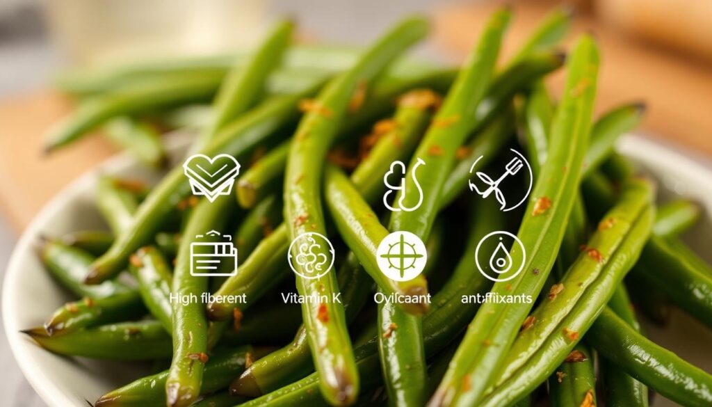 A visually appetizing image of oven-roasted green beans in the foreground, showcasing their vibrant green hue and tender texture. In the middle ground, a set of icons or infographic elements highlighting the key health benefits of green beans, such as high fiber content, vitamin K, and antioxidant properties. The background features a soft, blurred kitchen setting, with hints of kitchen utensils or a wooden cutting board to establish a culinary context. The lighting is warm and inviting, creating a comforting atmosphere that emphasizes the nutritional value and appeal of the oven-roasted green beans. A visually appetizing image of oven-roasted green beans in the foreground, showcasing their vibrant green hue and tender texture. In the middle ground, a set of icons or infographic elements highlighting the key health benefits of green beans, such as high fiber content, vitamin K, and antioxidant properties. The background features a soft, blurred kitchen setting, with hints of kitchen utensils or a wooden cutting board to establish a culinary context. The lighting is warm and inviting, creating a comforting atmosphere that emphasizes the nutritional value and appeal of the oven-roasted green beans.