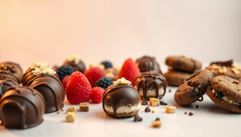 A visually arresting arrangement of mouthwatering no-bake desserts, bathed in warm, diffused lighting and captured from a low, slightly elevated angle. In the foreground, a variety of luscious treats - silky chocolate truffles, creamy cheesecake bites, and decadent Nutella-filled cookies - are artfully displayed on a minimalist white surface. The middle ground features an assortment of fresh berries, chopped nuts, and drizzles of caramel and chocolate, adding pops of color and texture. The background gently fades into a softly blurred, neutral backdrop, allowing the protagonists to shine. The overall mood is one of indulgence, simplicity, and the pure joy of no-bake desserts.