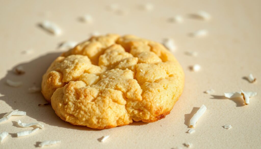 A warm and inviting close-up shot of a freshly baked coconut flour cookie on a light, textured surface. The cookie is golden-brown with a delicate, crumbly texture, glistening with a light coating of coconut oil. Surrounding the cookie are a scattering of shredded coconut flakes, adding visual interest and hinting at the cookie's key ingredient. The lighting is soft and natural, creating gentle shadows that accentuate the cookie's form. The camera angle is slightly elevated, giving the viewer a sense of intimacy and drawing the eye directly to the cookie's appealing appearance. The overall mood is cozy, homemade, and primed to entice the viewer to want to try one of these delectable coconut flour cookies. A warm and inviting close-up shot of a freshly baked coconut flour cookie on a light, textured surface. The cookie is golden-brown with a delicate, crumbly texture, glistening with a light coating of coconut oil. Surrounding the cookie are a scattering of shredded coconut flakes, adding visual interest and hinting at the cookie's key ingredient. The lighting is soft and natural, creating gentle shadows that accentuate the cookie's form. The camera angle is slightly elevated, giving the viewer a sense of intimacy and drawing the eye directly to the cookie's appealing appearance. The overall mood is cozy, homemade, and primed to entice the viewer to want to try one of these delectable coconut flour cookies.