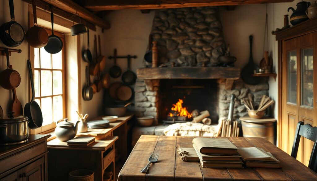 A warm, cozy kitchen scene with antique pots and pans hanging on the walls, a wooden table in the foreground set with a vintage tablecloth, and a collection of old recipe books and weathered cooking utensils. Soft, natural lighting filters through the windows, casting a golden glow over the scene. In the background, a towering stone fireplace crackles with a cozy fire, hinting at the comforting, homemade soups that might have been stirred there long ago. The overall atmosphere evokes a sense of nostalgia and the timeless traditions of old-fashioned home cooking.