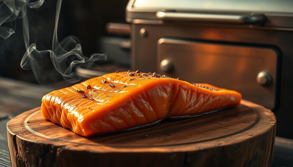 A warm, golden-hued image of a perfectly smoked salmon fillet resting on a rustic wooden platter. The salmon glistens with a delicate lacquer, its flesh a vibrant pink, flecked with aromatic herbs and spices. In the foreground, a wooden smoking box emits a wispy stream of fragrant smoke, the scene bathed in soft, diffused lighting that casts gentle shadows across the composition. In the background, an old-fashioned pellet grill stands ready, its metallic surface gleaming. The overall mood is one of artisanal craftsmanship, inviting the viewer to savor the process of smoking salmon on a pellet grill.