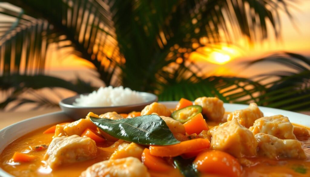 A warm, inviting dish of fragrant Thai coconut curry, glistening with a creamy golden broth. In the foreground, tender chunks of chicken are nestled among vibrant vegetables like sliced carrots, bell peppers, and fragrant kaffir lime leaves. The middle ground features a steaming bowl of jasmine rice, ready to soak up the flavorful sauce. In the background, a stylized tropical setting with lush palm fronds and a soft, diffused lighting that evokes the warmth of a Southeast Asian sunset. The overall atmosphere is one of soothing comfort and delightful aromas, perfectly capturing the essence of an easy-to-prepare, flavor-packed Thai coconut curry.