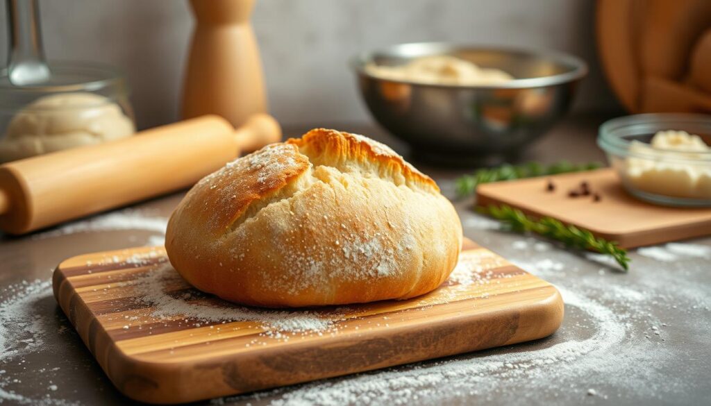 A warm, inviting kitchen scene with freshly baked bread taking center stage. The loaf rests on a rustic wooden cutting board, its golden crust glistening under soft, natural lighting. Flour dusts the countertop, hinting at the simple process that created this homemade delicacy. In the background, a mix of kitchen tools and ingredients - a rolling pin, a bowl of dough, a smattering of herbs - suggest an effortless, uncomplicated baking experience. The overall atmosphere conveys a sense of approachability and the satisfaction of creating something nourishing and delicious with minimal effort. A warm, inviting kitchen scene with freshly baked bread taking center stage. The loaf rests on a rustic wooden cutting board, its golden crust glistening under soft, natural lighting. Flour dusts the countertop, hinting at the simple process that created this homemade delicacy. In the background, a mix of kitchen tools and ingredients - a rolling pin, a bowl of dough, a smattering of herbs - suggest an effortless, uncomplicated baking experience. The overall atmosphere conveys a sense of approachability and the satisfaction of creating something nourishing and delicious with minimal effort.