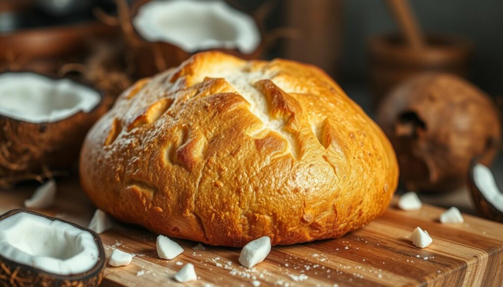 A warm, rustic scene of a freshly baked coconut flour bread, its golden crust glistening under soft, natural lighting. The bread is nestled on a wooden cutting board, surrounded by a scattering of whole coconuts, their hairy husks and smooth shells adding textural interest. The foreground is in sharp focus, while the background subtly blurs, hinting at a cozy kitchen setting. The overall mood is one of homely comfort and the nourishing benefits of this gluten-free, dairy-free bread. A warm, rustic scene of a freshly baked coconut flour bread, its golden crust glistening under soft, natural lighting. The bread is nestled on a wooden cutting board, surrounded by a scattering of whole coconuts, their hairy husks and smooth shells adding textural interest. The foreground is in sharp focus, while the background subtly blurs, hinting at a cozy kitchen setting. The overall mood is one of homely comfort and the nourishing benefits of this gluten-free, dairy-free bread.