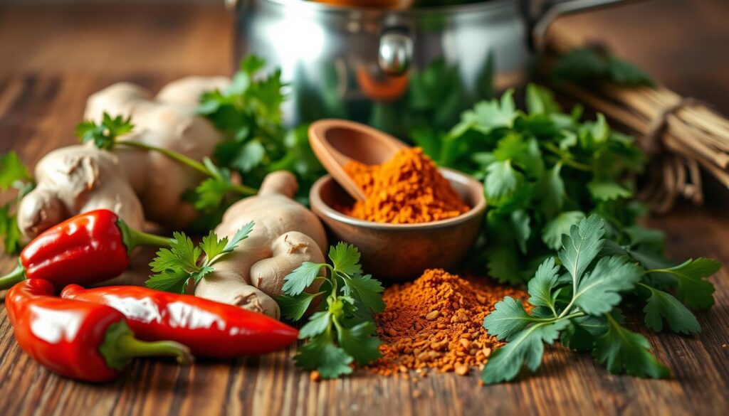 A well-lit, close-up still life of essential ingredients for a fragrant chicken curry, arranged neatly on a wooden table. In the foreground, vibrant red chilies, whole ginger root, and a bundle of fresh cilantro. In the middle ground, a wooden spoon resting next to a small bowl of rich, aromatic curry powder. In the background, a stainless steel pot and a bundle of fragrant curry leaves. The image has a warm, homey atmosphere, with soft lighting illuminating the ingredients and creating shadows that add depth and texture to the scene.