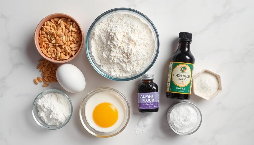 A well-lit, high-quality close-up photograph of a neatly arranged selection of essential ingredients for a keto vanilla cake, including almond flour, erythritol, eggs, heavy cream, vanilla extract, baking powder, and salt, all placed on a clean, white marble surface. The ingredients are organized in a visually appealing manner, with a focus on textures, colors, and the overall aesthetic. The lighting is soft and even, accentuating the natural tones and shadows of the items. The camera angle is slightly elevated, providing a clear and unobstructed view of the arrangement. A well-lit, high-quality close-up photograph of a neatly arranged selection of essential ingredients for a keto vanilla cake, including almond flour, erythritol, eggs, heavy cream, vanilla extract, baking powder, and salt, all placed on a clean, white marble surface. The ingredients are organized in a visually appealing manner, with a focus on textures, colors, and the overall aesthetic. The lighting is soft and even, accentuating the natural tones and shadows of the items. The camera angle is slightly elevated, providing a clear and unobstructed view of the arrangement.