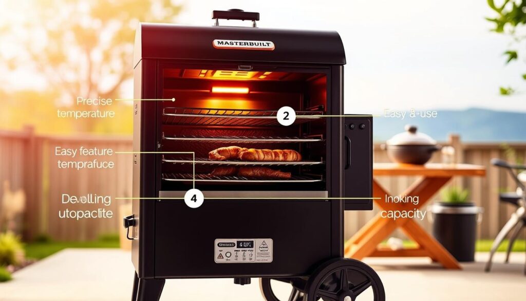 A well-lit, high-resolution photograph of a Masterbuilt electric smoker showcasing its key features and benefits. The smoker is prominently displayed in the foreground, with a warm, inviting glow emanating from the internal heating elements. The middle ground highlights the precise temperature control, easy-to-use interface, and large cooking capacity, emphasizing the smoker's versatility and convenience. The background presents a serene, natural setting, such as a backyard patio or outdoor kitchen, to suggest the smoker's ability to create a relaxing, at-home smoking experience. The overall mood is one of quality, efficiency, and the joy of effortless, delicious smoked food. A well-lit, high-resolution photograph of a Masterbuilt electric smoker showcasing its key features and benefits. The smoker is prominently displayed in the foreground, with a warm, inviting glow emanating from the internal heating elements. The middle ground highlights the precise temperature control, easy-to-use interface, and large cooking capacity, emphasizing the smoker's versatility and convenience. The background presents a serene, natural setting, such as a backyard patio or outdoor kitchen, to suggest the smoker's ability to create a relaxing, at-home smoking experience. The overall mood is one of quality, efficiency, and the joy of effortless, delicious smoked food.